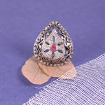 Georgian style sterling silver ruby ring with natural black diamond accent, handmade 1975s vintage July birthstone gift for her