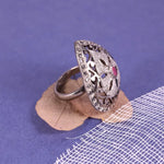 Georgian style sterling silver ruby ring with natural black diamond accent, handmade 1975s vintage July birthstone gift for her