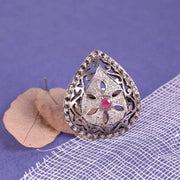 Georgian Style Sterling Silver Ruby Ring – Natural Black Diamond Accent, Handmade 1975s Vintage July Birthstone Gift for Her