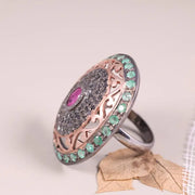 Vintage Oval Ruby and Emerald Ring – Victorian Style Sterling Silver Gemstone Statement Jewelry with Natural Diamonds, Elegant Gift for Her