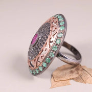 Vintage Oval Ruby and Emerald Ring – Victorian Style Sterling Silver Gemstone Statement Jewelry with Natural Diamonds, Elegant Gift for Her
