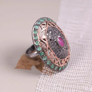 Vintage Oval Ruby and Emerald Ring – Victorian Style Sterling Silver Gemstone Statement Jewelry with Natural Diamonds, Elegant Gift for Her