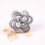 Victorian white floral sterling silver ring with round green diamond and natural white diamond accents, elegant jewelry gift for her