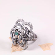 Victorian white floral sterling silver ring with round green diamond and natural white diamond accents, elegant jewelry gift for her