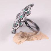 1970s Oval Cut Ring – Victorian Silver Statement Ring with Green Gemstone | Antique Elegant Floral Jewelry, Unique Royal Gift