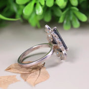 Art Deco Style Ring – 925 Sterling Silver Engagement Ring with Trillion Cut Black Moissanite & Blue Topaz Stones, Unique Anniversary Gift