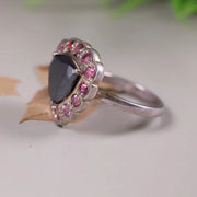 Art Deco Style Silver Cocktail Ring – Black Moissanite Trillion Cut with Pink Sapphire & Ruby Halo, Unique Statement Jewelry for Women