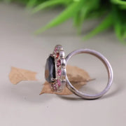 Art Deco Style Silver Cocktail Ring – Black Moissanite Trillion Cut with Pink Sapphire & Ruby Halo, Unique Statement Jewelry for Women