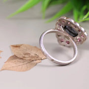 Art Deco Style Silver Cocktail Ring – Black Moissanite Trillion Cut with Pink Sapphire & Ruby Halo, Unique Statement Jewelry for Women