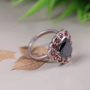 Art Deco Style Silver Cocktail Ring – Black Moissanite Trillion Cut with Pink Sapphire & Ruby Halo, Unique Statement Jewelry for Women