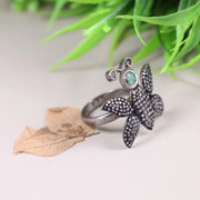 Victorian Butterfly Statement Ring – Silver Emerald & Black Diamond Cocktail Ring | Gothic Nature-Inspired Unique Insect Jewelry for Her