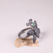 Victorian Butterfly Statement Ring – Silver Emerald & Black Diamond Cocktail Ring | Gothic Nature-Inspired Unique Insect Jewelry for Her