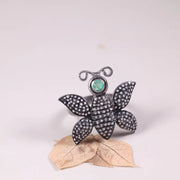 Victorian Butterfly Statement Ring – Silver Emerald & Black Diamond Cocktail Ring | Gothic Nature-Inspired Unique Insect Jewelry for Her