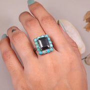 Vintage Turquoise Ring – 1990s Art Deco Victorian Style Jewelry with Emerald Cut Black Moissanite, Unique Statement Anniversary Gift