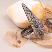 Victorian Style Paisley Ruby Statement Ring – 1999s Vintage Black Diamond Teardrop Cocktail Ring, Bold Antique Jewelry for Women