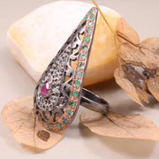 Victorian Style Paisley Ruby Statement Ring – 1999s Vintage Black Diamond Teardrop Cocktail Ring, Bold Antique Jewelry for Women