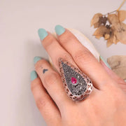 Victorian Style Paisley Ruby Statement Ring – 1999s Vintage Black Diamond Teardrop Cocktail Ring, Bold Antique Jewelry for Women