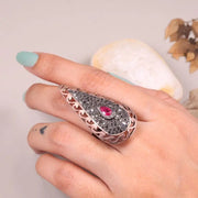 Victorian Style Paisley Ruby Statement Ring – 1999s Vintage Black Diamond Teardrop Cocktail Ring, Bold Antique Jewelry for Women