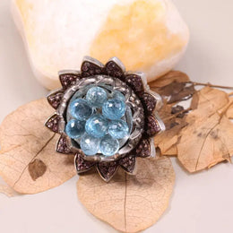 Georgian style aquamarine round cut floral ring in sterling silver with pink gemstone sunflower accents, vintage cluster jewelry