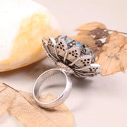 Georgian Style Aquamarine Floral Ring | Vintage Sterling Silver Blue Stone Ring with Pink Gemstone Accents | Unique Cluster Sunflower Jewelry