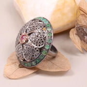 Victorian Floral Style Ring | Pink Ruby Gemstone & Emerald Diamond Sterling Silver Ring | Handmade Antique Style Jewelry for Women