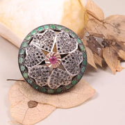 Victorian floral style sterling silver ring with pink ruby, emerald, and diamond accents, handmade antique-inspired jewelry gift