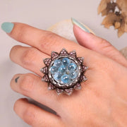 Georgian Style Aquamarine Floral Ring | Vintage Sterling Silver Blue Stone Ring with Pink Gemstone Accents | Unique Cluster Sunflower Jewelry