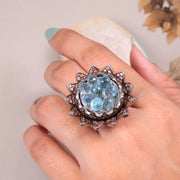 Georgian Style Aquamarine Floral Ring | Vintage Sterling Silver Blue Stone Ring with Pink Gemstone Accents | Unique Cluster Sunflower Jewelry