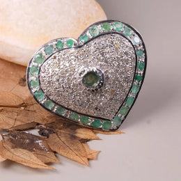 Heart shaped sterling silver ring with emerald green gemstone, vintage round cut statement jewelry gift for her