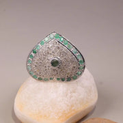 Heart Shaped Sterling Silver Ring with Emerald Green Gemstone | Vintage Round Cut Statement Jewelry Gift for Her