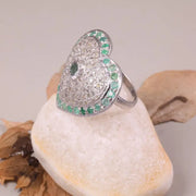 Heart Shaped Sterling Silver Ring with Emerald Green Gemstone | Vintage Round Cut Statement Jewelry Gift for Her