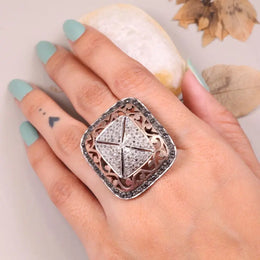 Sterling silver emerald shape vintage ring with natural black diamonds, antique style unique diamond jewelry gift for her