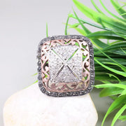 Sterling silver emerald shape vintage ring with natural black diamonds, antique style unique diamond jewelry gift for her