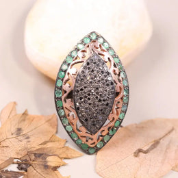 Victorian marquise black diamond ring with emerald halo in sterling silver, vintage-inspired cocktail statement jewelry gift