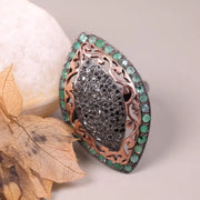 Victorian Marquise Black Diamond Ring | Sterling Silver Emerald Halo Cocktail Ring | Unique Vintage Style Gemstone Jewelry Gift