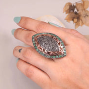 Victorian Marquise Black Diamond Ring | Sterling Silver Emerald Halo Cocktail Ring | Unique Vintage Style Gemstone Jewelry Gift