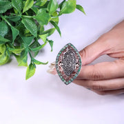 Victorian Marquise Black Diamond Ring | Sterling Silver Emerald Halo Cocktail Ring | Unique Vintage Style Gemstone Jewelry Gift