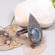 Georgian Style Silver Ring – Bold Boho Cocktail Jewelry with Round Cut Sparkling Blue Stone | Handmade Silver Diamond Ring