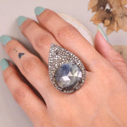 Georgian Style Silver Ring – Bold Boho Cocktail Jewelry with Round Cut Sparkling Blue Stone | Handmade Silver Diamond Ring