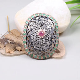 Victorian style 1980s ring with pink ruby and diamond, bold vintage sterling silver gemstone harmony ring, birthstone jewelry