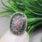 Victorian Style Ring – 1980s Gemstone Harmony Ring with Pink Ruby & Diamond, Bold Vintage Sterling Silver Birthstone Jewelry