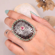Victorian Style Ring – 1980s Gemstone Harmony Ring with Pink Ruby & Diamond, Bold Vintage Sterling Silver Birthstone Jewelry