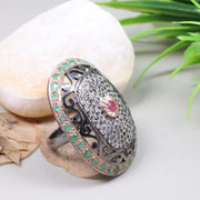 Victorian Style Ring – 1980s Gemstone Harmony Ring with Pink Ruby & Diamond, Bold Vintage Sterling Silver Birthstone Jewelry