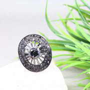 Vintage Black Rhodium Ring – Art Deco Style 925 Sterling Silver Ring with 6mm Round Cut Center and Black Diamond Accents, Natural Diamond Jewelry