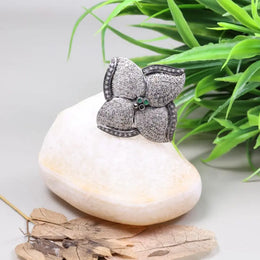 Vintage floral sterling silver wedding ring with 4 petal pave design and emerald accents, Art Deco cocktail jewelry gift for her