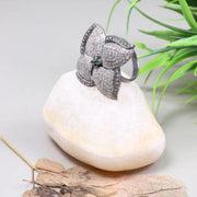 Vintage Floral Wedding Ring – 4 Petal Pave Sterling Silver Ring with Emerald Accents | Art Deco Cocktail Jewelry Gift
