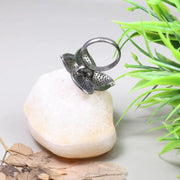 Vintage Floral Wedding Ring – 4 Petal Pave Sterling Silver Ring with Emerald Accents | Art Deco Cocktail Jewelry Gift