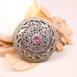 Silver antique ruby and diamond Victorian style ring, vintage oval gemstone statement jewelry, old style gemstone ring for women