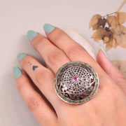 Silver Statement Ring – Antique Ruby and Diamond Victorian Style Ring, Vintage Oval Gemstone Jewelry, Classic Old Style Gemstone Ring