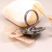Floral Vintage Ring – Sterling Silver 1990s Art Deco Ring with Round Cut Emerald Gemstone | Unique Old Style Jewelry Gift for Her